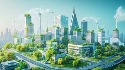 Fototapeta premium Cityscape with wind turbines and skyscrapers. energy saving illustration.