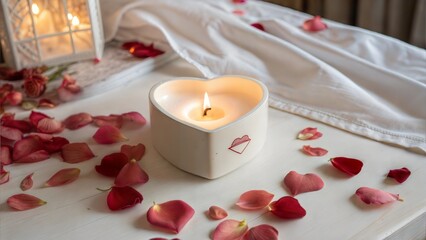 Romantic heart-shaped candle surrounded by rose petals for Kiss Day decoration