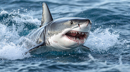 An action shot of a great white shark hunting, with its mouth open and a focus on its powerful jaws and sharp teeth in the ocean