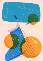 Risograph Christmas stocking with speech bubble with geometric shapes. Objects in trendy riso graph print texture style design with geometry elements.