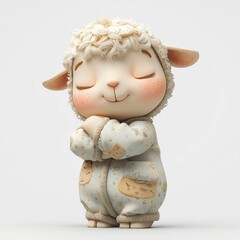 Fototapeta premium Peaceful Lamb in Pajamas: Adorable 3D render of a fluffy lamb wearing light blue pajamas, eyes closed in peaceful slumber. Perfect for children's products, websites, or apps needing a calming image. 