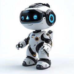 Friendly AI Robot: A futuristic and friendly robot with a white and black body, blue lights, and a cheerful expression.