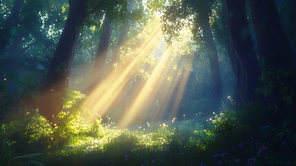 Sunlight Beams Through a Mystical Forest