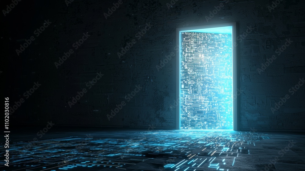 Poster access the digital path, a futuristic science fiction notion, represented as a glowing polygonal wir