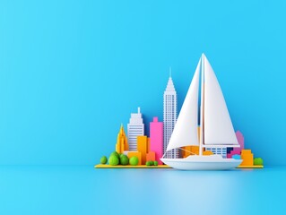 A sailboat's silhouette against the city skyline at sunset evokes a digital detox, symbolizing work-life balance, freedom, and escape.