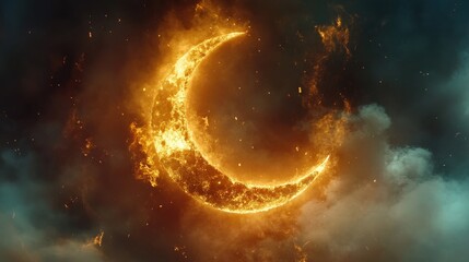 Fiery Crescent Moon in the Celestial Cosmos