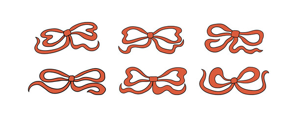 Set of wavy and quirky red bows. Vector outline illustration of holiday ribbons. Vintage clipart for holiday greeting cards and invitations. Coquette aesthetic