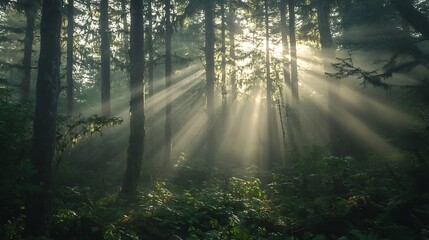 Obraz premium Sunlight Streaming Through a Misty Forest