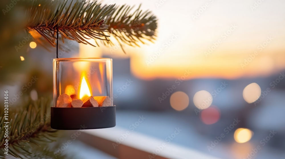 Aufkleber a festive candle illuminated on a pine branch, surrounded by a warm bokeh light background, creating