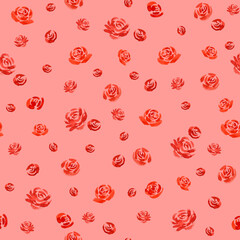 A seamless watercolor pattern featuring vibrant red roses on a soft pink background. This romantic and feminine design adds a delicate, floral touch, perfect for textiles, stationery, or home decor.
