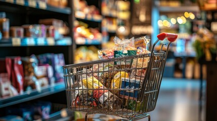 Naklejka premium Shopping cart filled with groceries in a supermarket aisle