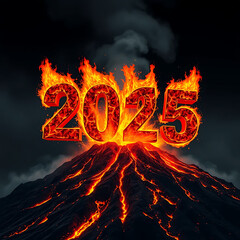 2025 text erupting in fiery bursts, with molten lava textures, glowing embers, and dynamic smoke trails on a dark volcanic backdrop.