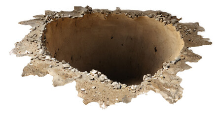 3D rendering of a large, jagged concrete hole in transparent background, conveying a sense of destruction and decay.