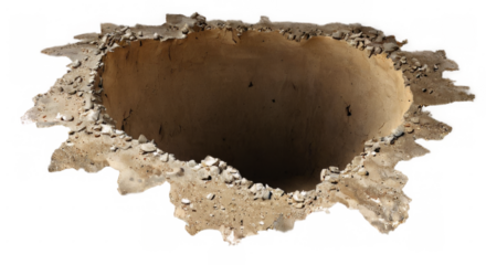 3D rendering of a large, jagged concrete hole in transparent background, conveying a sense of destruction and decay.