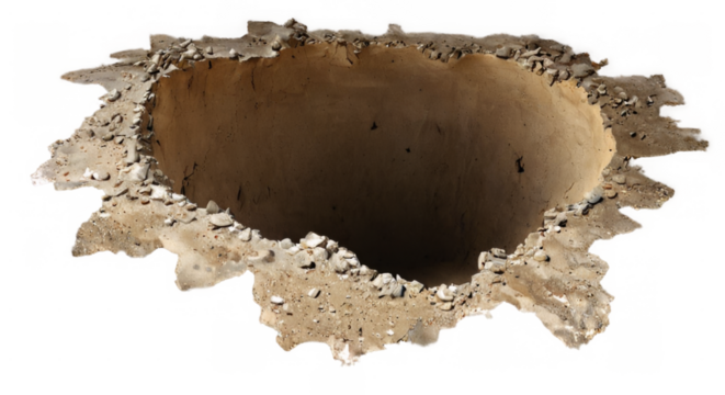 3D rendering of a large, jagged concrete hole in transparent background, conveying a sense of destruction and decay.