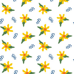 A seamless pattern featuring vibrant yellow exotic flowers and lush green leaves on a white background adorned with playful dots. This fresh and tropical design is perfect for various creative project