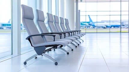 A tranquil airport lounge offering comfortable seating and runway views, allowing travelers to relax without digital devices, promoting peace and mindfulness during transit.