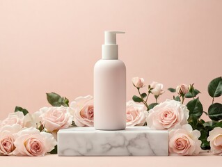 Elegant lotion bottle on marble surrounded by delicate pink roses, soft lighting.
