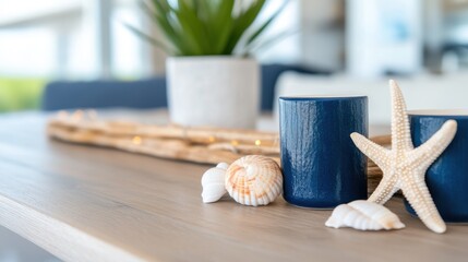 A serene image of a table featuring a blue candle, starfish, and green plants, transmitting a peaceful ocean-inspired vibe with modern decor aesthetics.