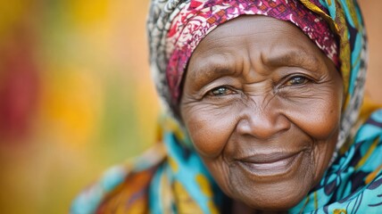 Fototapeta premium Close-up portrait of a smiling elderly woman wearing a colorful headscarf and traditional attire, set against a vibrant background.