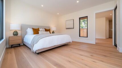 A spacious bedroom featuring a minimalist design, showcasing a large comfortable bed with white bedding, wooden floor, and ambient lighting creating a serene atmosphere.