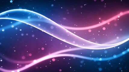 Fototapeta premium A background with soft neon lights shimmering in waves. Smooth gradient colors: blue, purple, and pink. Tiny light particles twinkle, festive background, wallpaper, banner
