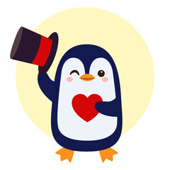 Cute penguin gentleman and heart. Vector simple flat illustration