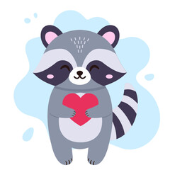 Cute raccoon and heart. Vector simple flat illustration