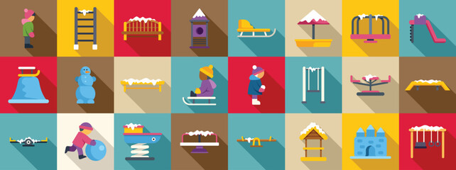 Winter playground icons set. Winter playground icons set with children playing with snow, sledding and making snowman