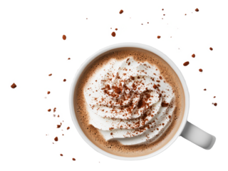 Cup of hot chocolate with whipped cream and cocoa