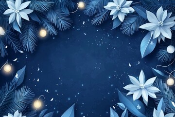 A dark canvas with snow-kissed fir branches, illuminated by white poinsettias and twinkling lights, offering the perfect design for an elegant Christmas decoration.