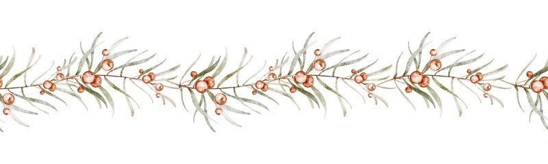 Watercolor Christmas seamless border. Horizontal pattern for the design of Xmas and New Year packaging. Hand drawn garland with rosemary, red berries and green branches. Postcard, congratulations. © Elena