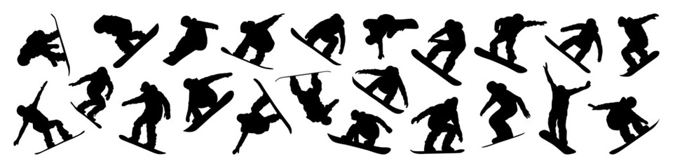 Snowboarding silhouette set vector illustration. Snowboarders perform tricks in different poses. Winter sport. Freestyle, big air, halfpipe, slopestyle, boardercross sport symbol.