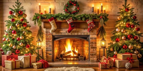 Fototapeta premium Cozy fireplace adorned with Christmas decorations, fireplace, Christmas, decorations, holiday, cozy, festive, home