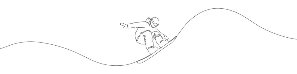 Snowboarding sport continuous line drawing vector illustration. Snowboarder performs a trick, jump. Winter sport. Snowboarding freestyle, freeride, slopestyle, big air symbol