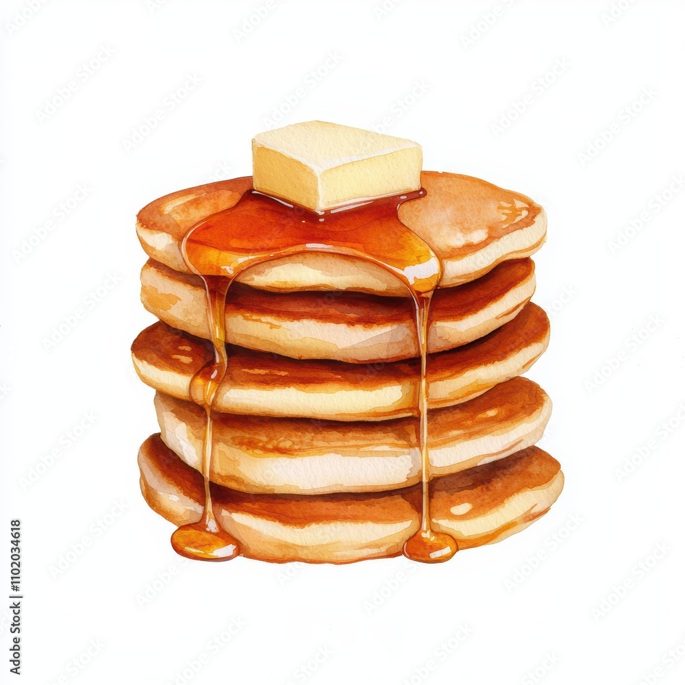 Poster stack of fluffy pancakes with melted butter and maple syrup drizzle