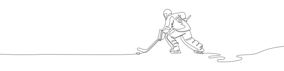 Fototapeta premium Ice Hockey player continuous line drawing vector illustration. Goalkeeper sign. Hockey line art symbol. Editable stroke