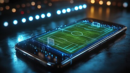 A smartphone screen displaying a 3D soccer field