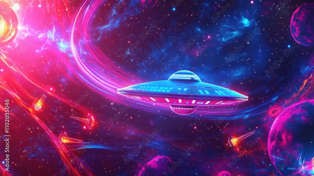 Wall mural dynamic saucer with glowing lasers and swirling cosmic light effects