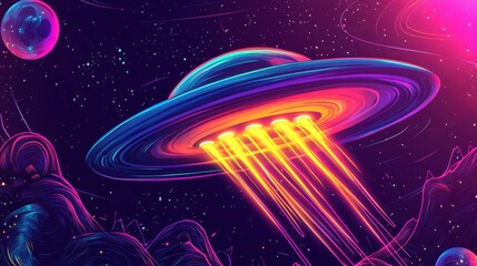 UFO emitting vibrant neon lights over a cosmic landscape of glowing stars