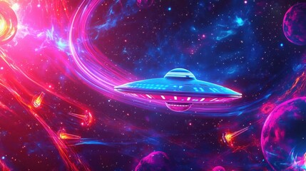 Dynamic saucer with glowing lasers and swirling cosmic light effects