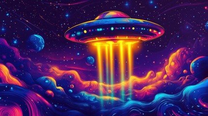 Dynamic UFO with glowing neon beams amid vibrant swirling star textures