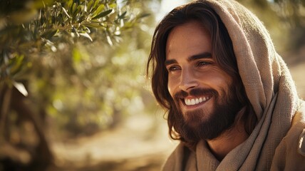 A serene portrait of Jesus Christ, bathed in golden sunset light, evoking peace, reflection, and spiritual contemplation