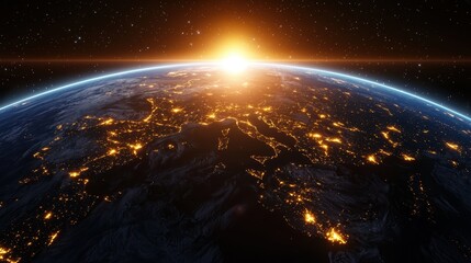 Obraz premium Stunning Sunrise Over Europe with Glowing City Lights and Stars