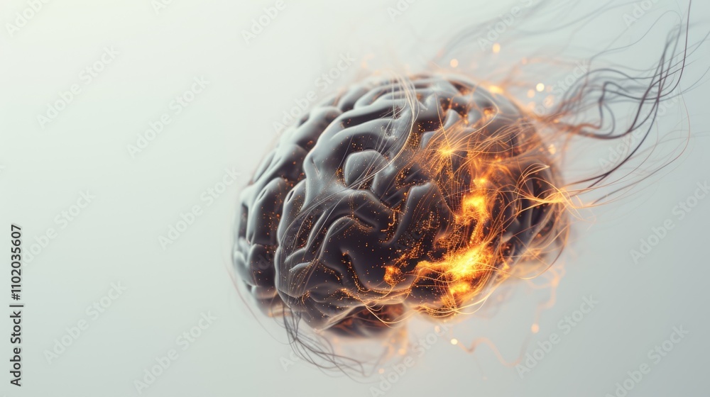 Poster a 3d-rendered brain surrounded by glowing neural connections and abstract wires. the illustration co