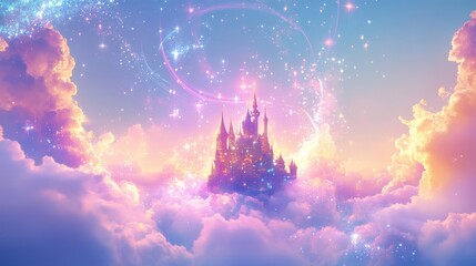 Floating castle glowing with neon stars and pastel magical light trails