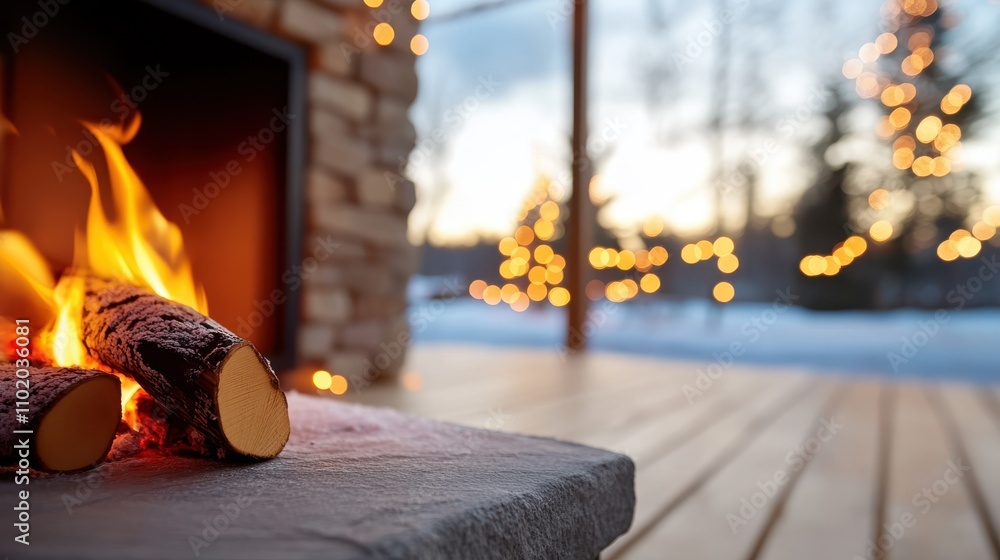 Poster a close-up view of logs burning in a fireplace, casting a warm glow, with blurred holiday lights vis