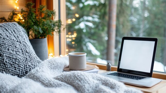 Fototapeta A cozy spot indoors with a warm blanket, laptop, and coffee cup beside a window overlooking snow-covered trees, creating a peaceful winter atmosphere.