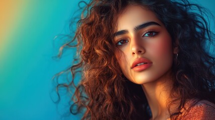 Naklejka premium Close-up portrait of a stunning woman with bold curly hair, glowing skin, and vibrant lighting against a dramatic orange background.