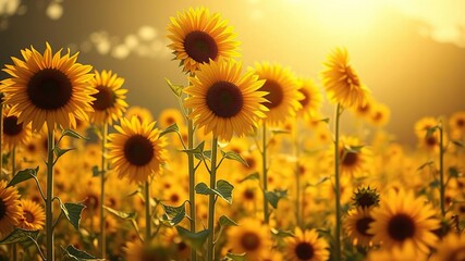 Fototapeta premium Tall sunflowers stand upright in a sea of golden petals as warm sunlight filters through the air on a serene summer day, nature, summer, outdoor